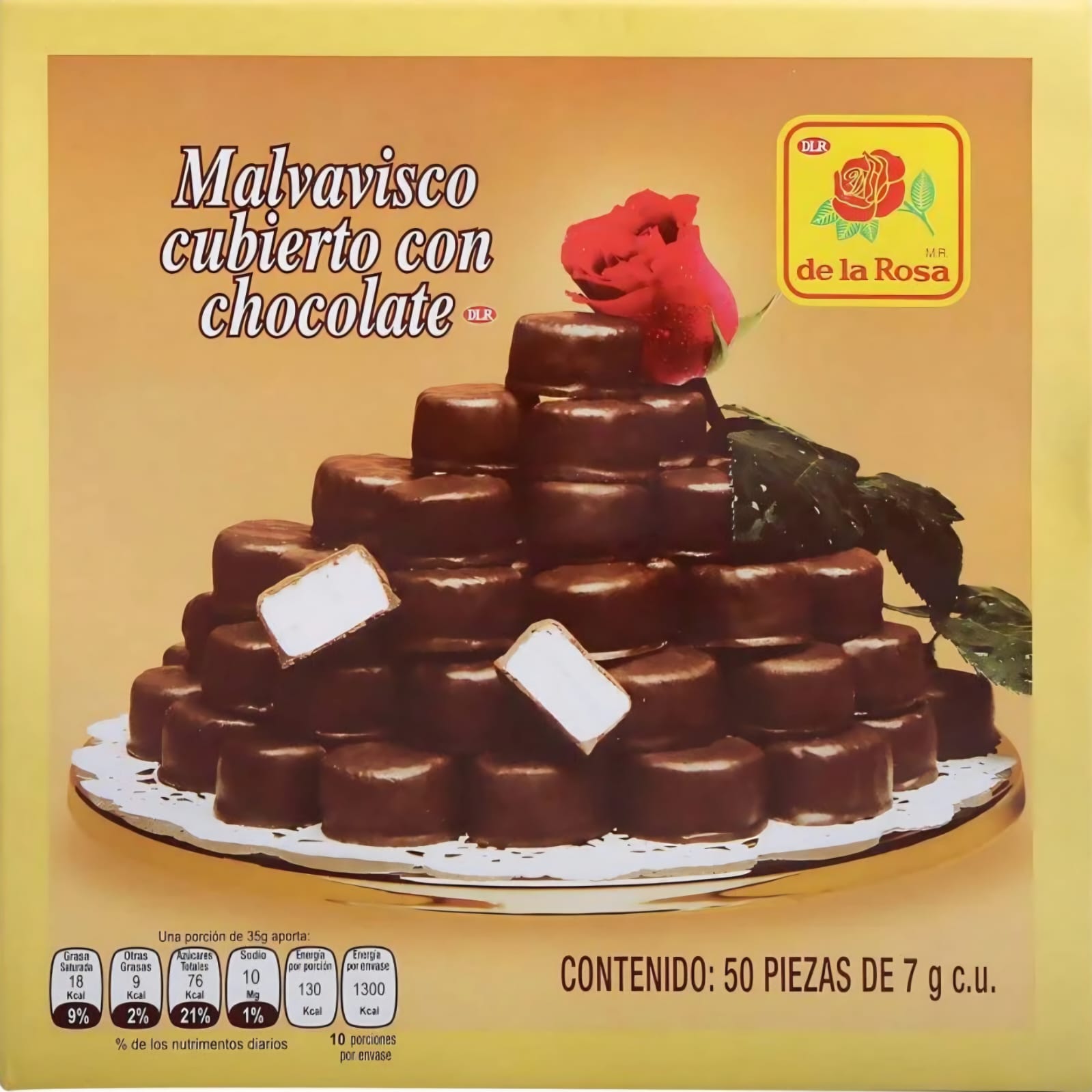 MALVAVISCO CUBIERTO CON CHOCOLATE. MARCA DE LA ROSA. 50 PIEZAS