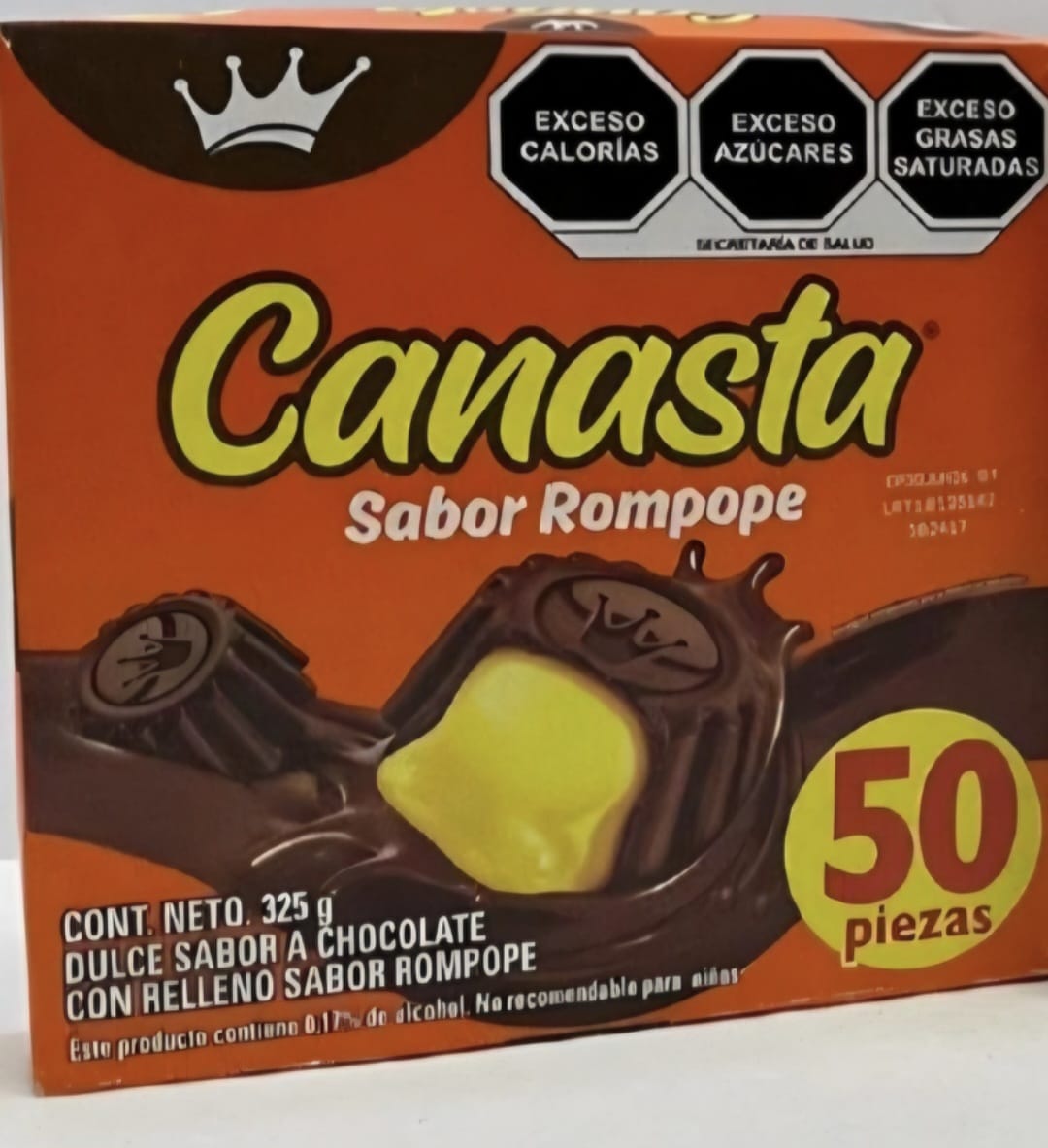 CANASTA ROMPOPE. CHOCOLATE CON RELLENO. 50 PIEZAS