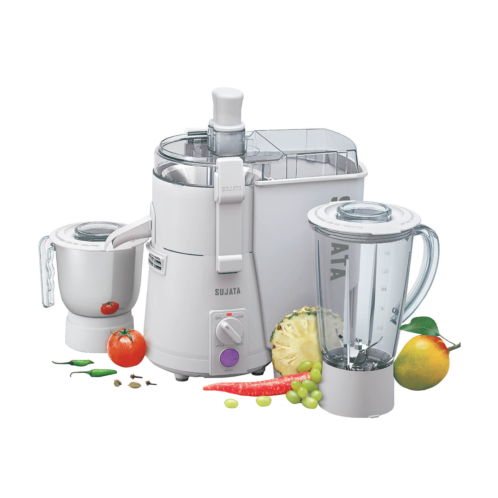 Sujata Powermatic Plus Juicer Mixer Grinder|900 Watts Double Ball Bearing Motor|22000 RPM|Non-Stop 90 Mins Running|2 Jars including 1750ml Blender, 1000ml Grinder Jar| (White)