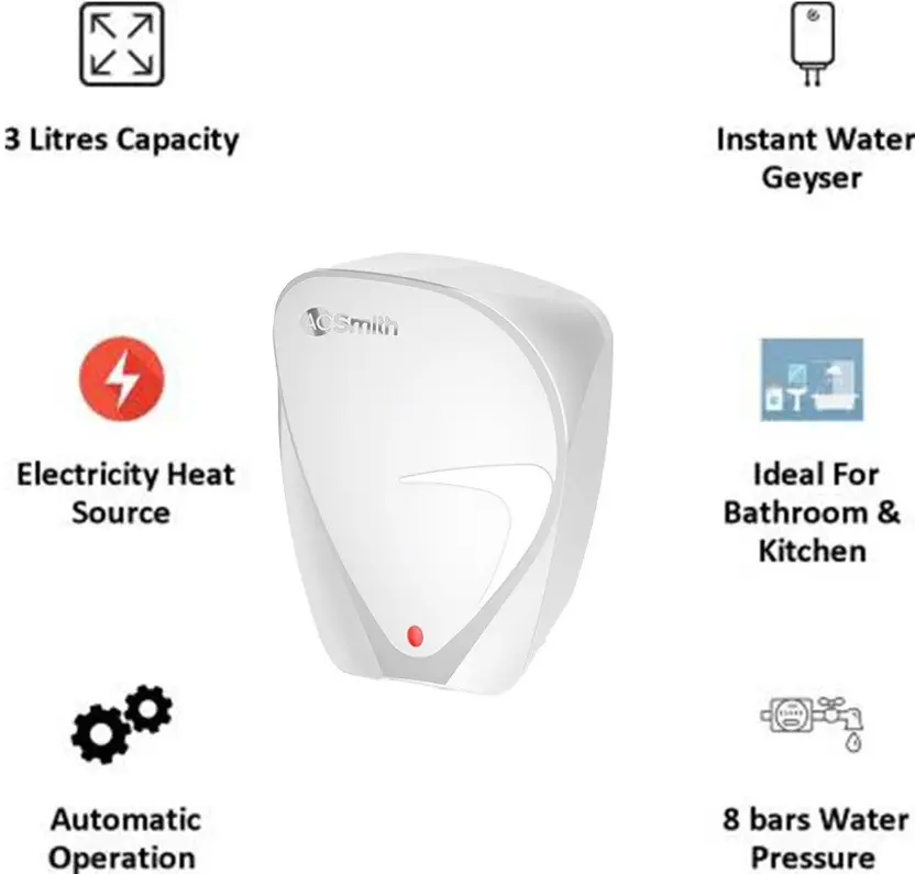 AO Smith fast on, 3 Ltrs Instant Wall Mounting Water Heater Geyser, White