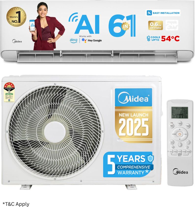 Midea 2025 Model 1.5 Ton 5 Star Split Inverter with Wi-fi 6 in 1 Convertible Cooling AI+KW Display, PM 2.5 Filter, , Santis Pro-X RYL AC  (MAI20SP5R35W0, White)