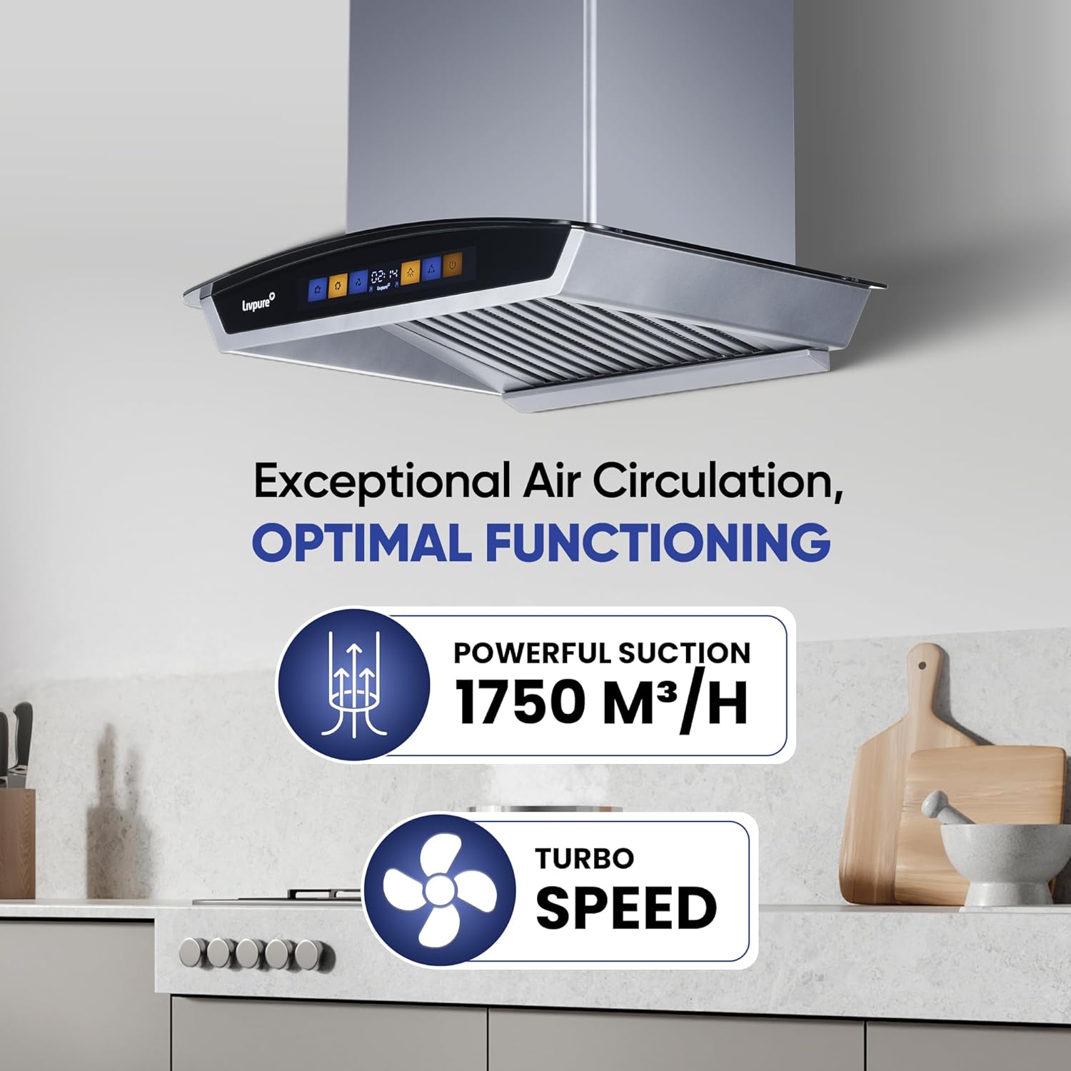 Livpure Flint-Arc-BLDC-60 Autoclean Curved Glass 60 Cm |Heat Autoclean |Digital Touch + Motion Sensor Dual Filter Chimney | Powerful Suction | Wall Mounted Chimney (Black,1750 CMH)