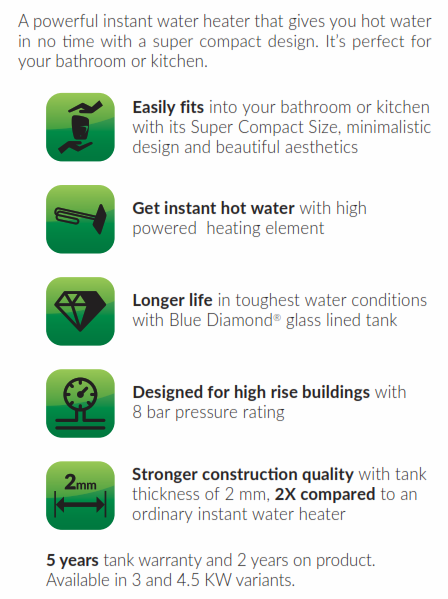 AO Smith fast on, 3 Ltrs Instant Wall Mounting Water Heater Geyser, White