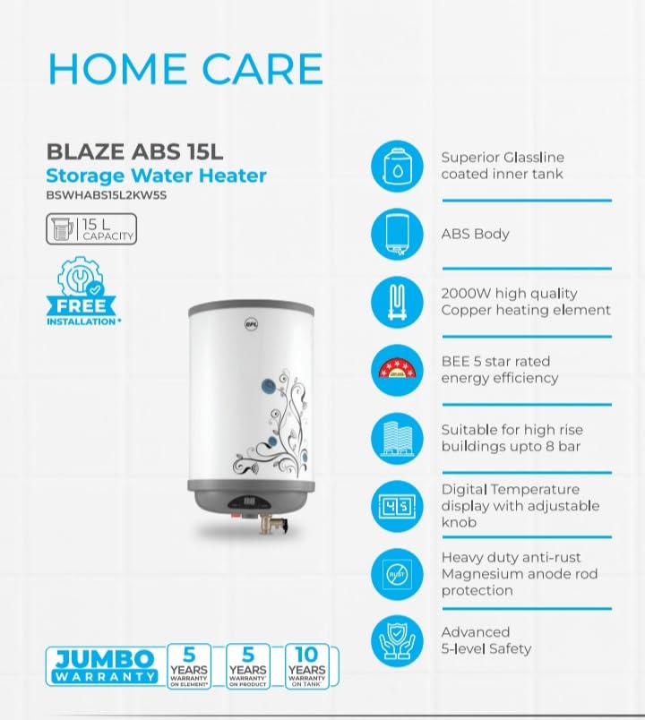 BPL 15L (BSWHABS15L2KW5S) Storage Water Geyser Digital Display Glass line Coated Tank Temperature Control ABS Body Advanced 4 Level Safety, 10 years tank & 5 years product warranty Water Heater