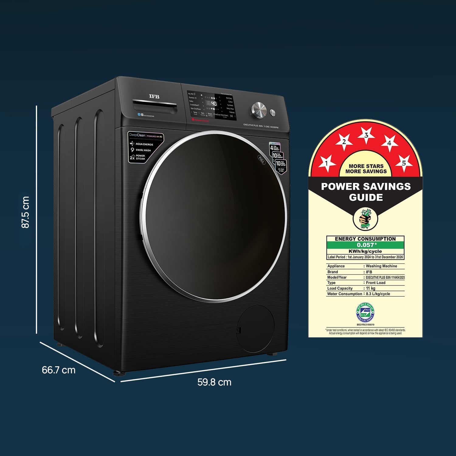 IFB 11 Kg 5 Star, DeepClean®, AI Powered, WiFi, Fully Automatic Front Load Washing Machine (EXECUTIVE PLUS BXN 1114KH, PowerSteam®, 9 Swirl, Steam Refresh,...