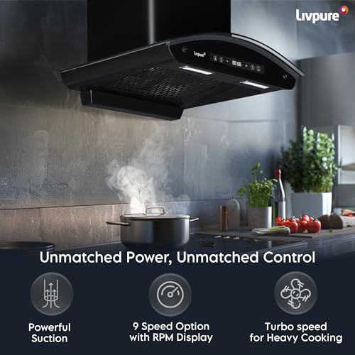 LIVPURE LIV-INVICTO-60-FL-BLDC-HAC Auto Clean Filterless Auto-clean Chimney With BLDC Motor | 9 Speed With RPM Display |Touch & Gesture Control | Powerful Suction | Low Noise Wall Mounted Black 1400 CMH Chimney