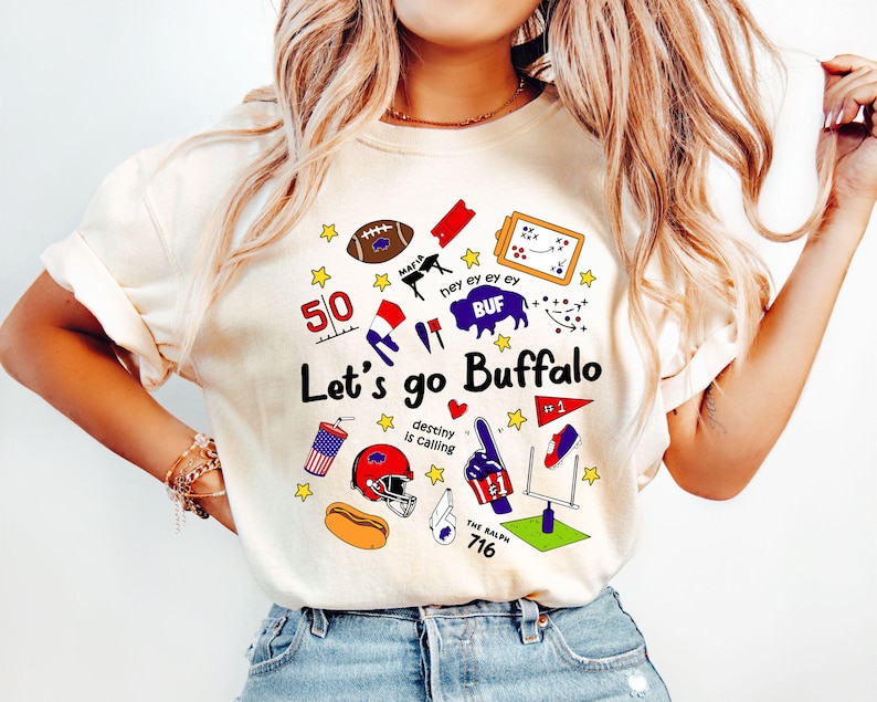 Buffalo Football Doodles Shirt, Women's Buffalo Fan Gift, Let's Go Buffalo, Trendy BUF 716 T-shirt, Girly Sports T-shirt, Buffalo Apparel