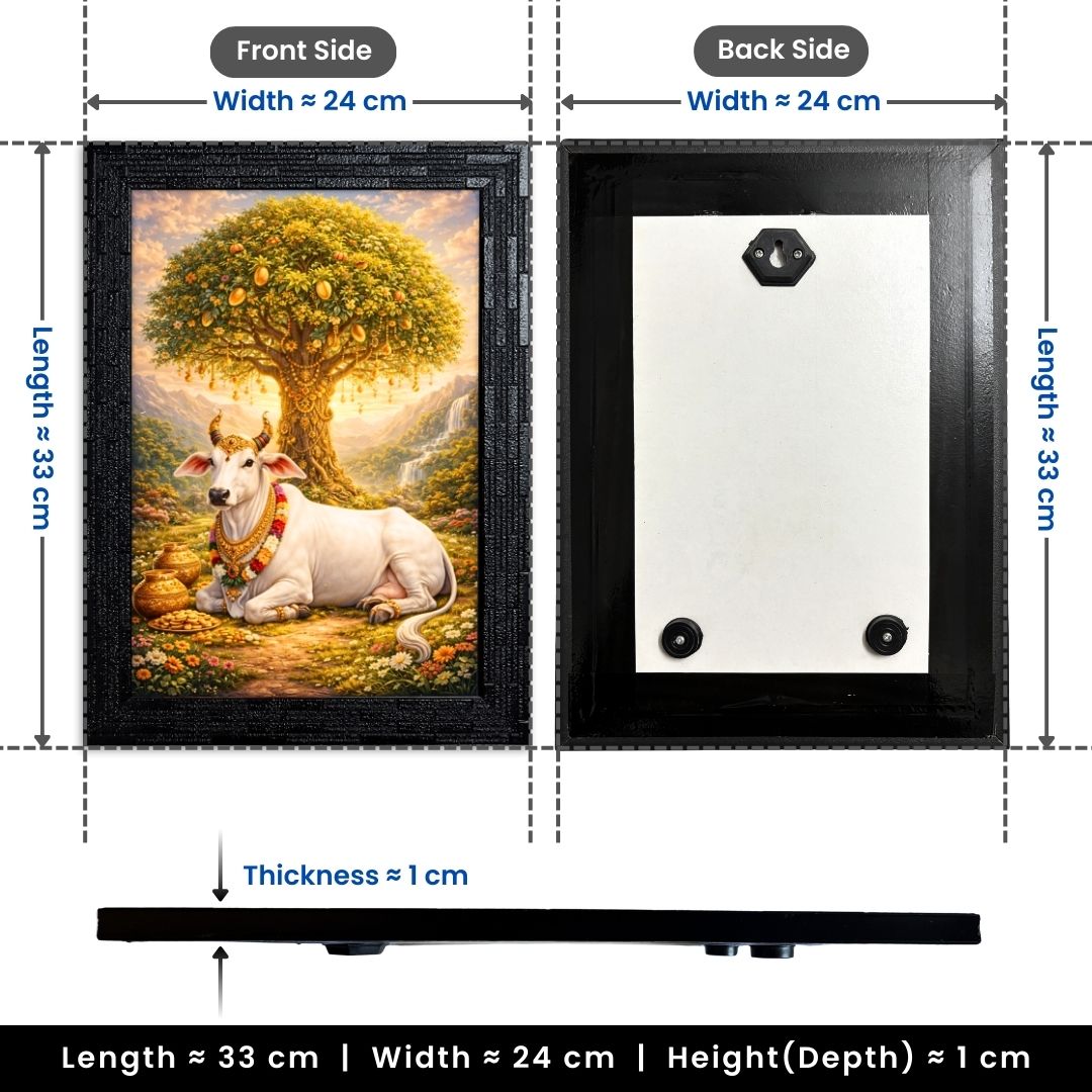 Kalpvruksh with Kamdhenu Cow Wall Art | Symbol of Positive Energy & Prosperity | Matte Laminated Finish (Non-Glass) | Premium Synthetic Frame | Size: 24 x 33 cm