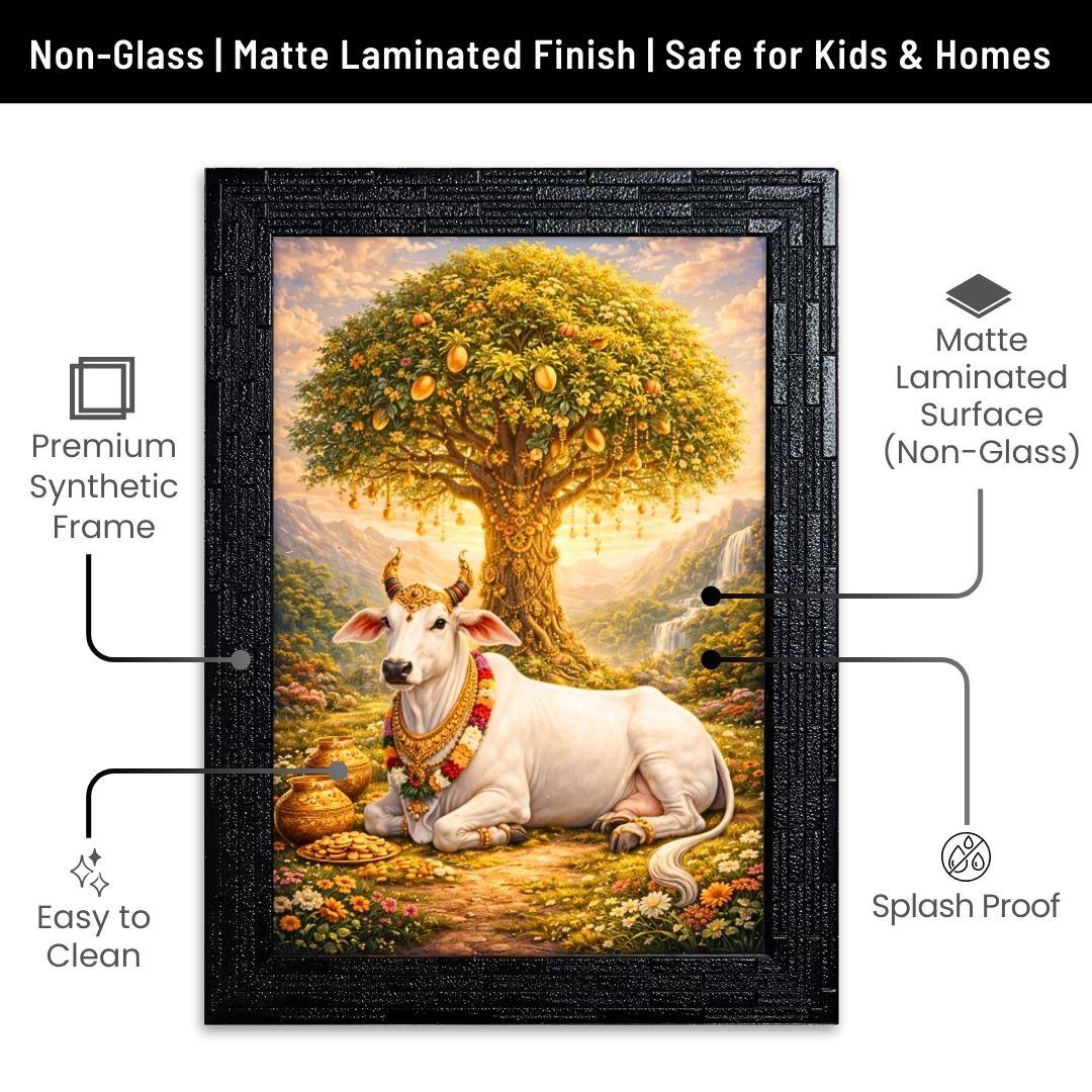Kalpvruksh with Kamdhenu Cow Wall Art | Symbol of Positive Energy & Prosperity | Matte Laminated Finish (Non-Glass) | Premium Synthetic Frame | Size: 24 x 33 cm