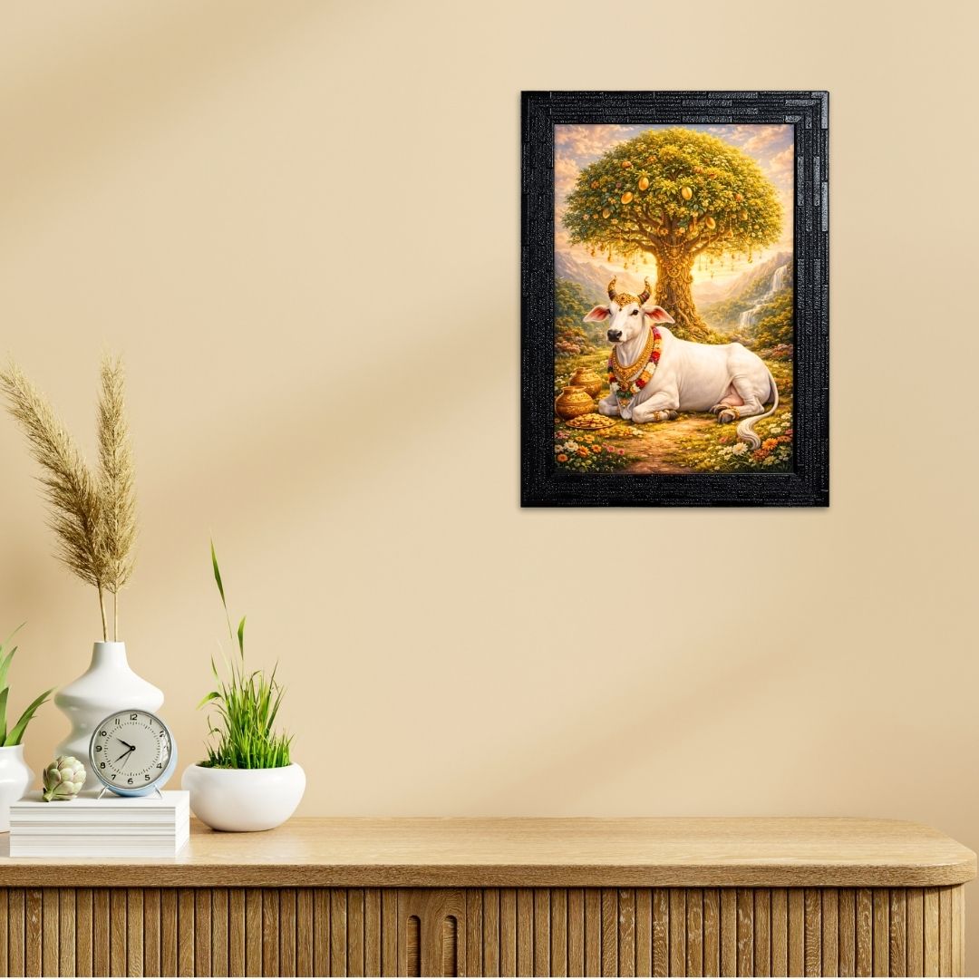 Kalpvruksh with Kamdhenu Cow Wall Art | Symbol of Positive Energy & Prosperity | Matte Laminated Finish (Non-Glass) | Premium Synthetic Frame | Size: 24 x 33 cm
