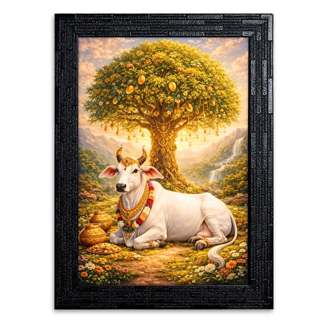 Kalpvruksh with Kamdhenu Cow Wall Art | Symbol of Positive Energy & Prosperity | Matte Laminated Finish (Non-Glass) | Premium Synthetic Frame | Size: 24 x 33 cm