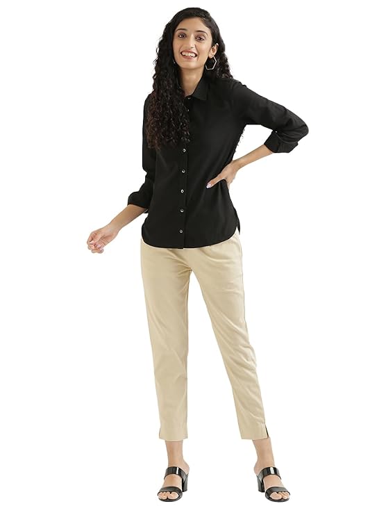 SAADAA Women Cotton Pant Regular High Rise Slim Fit Trouser, Pocket Pants for Office School Formal Casual Daily Use