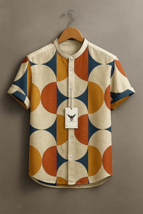 Retro Minimalist Color-block Symmetrical Geometry Print Casual 100% Cottton Shirt