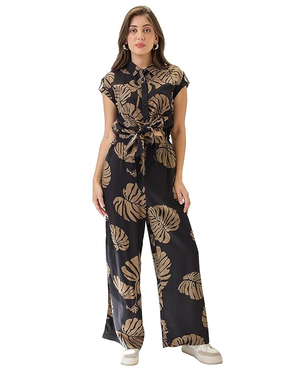 Globus Women Floral Print Collared Neck Extended Sleeves Tie Ups & Cut Out Details Flared Jumpsuit