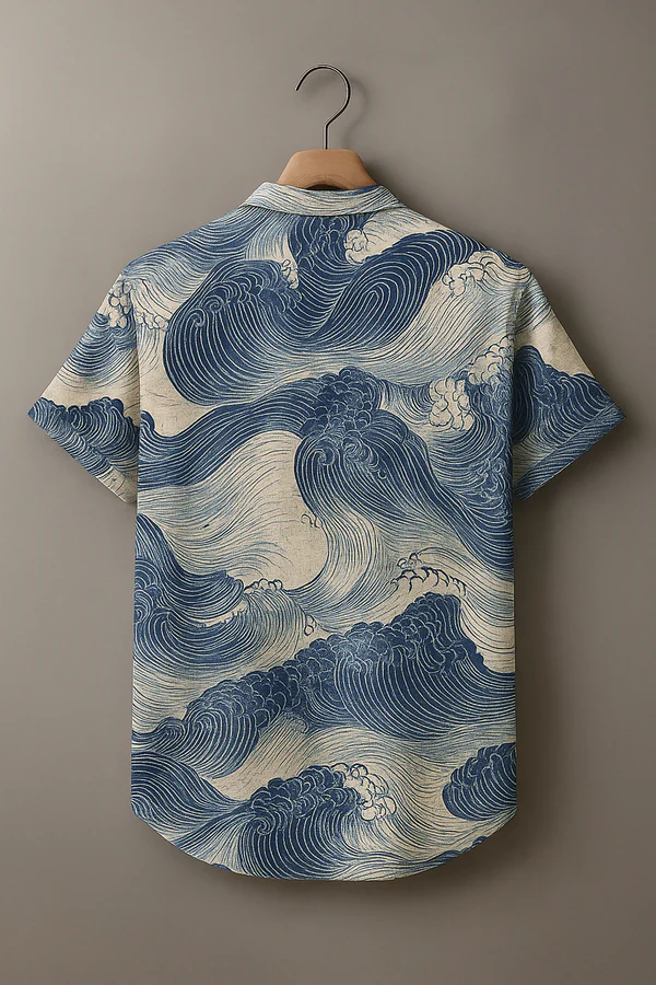 Blue-green gradient Vintage Print Casual 100% Cotton Shirt