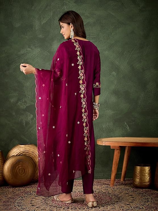 VredeVogel Women's Viscose Rayon Ethnic Wear Embroidered Kurta Pant Set with Organza Dupatta | Festive & Casual Summer Kurti with Pants for Party Office & Ethnic Occasions