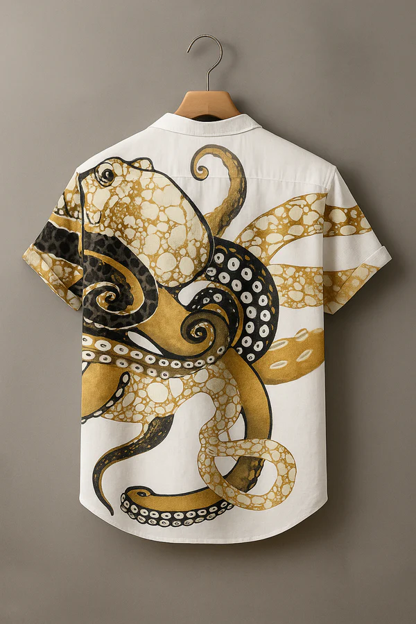Vintage Fish Octopus Art Vintage Art Print Casual 100% Cotton Shirt