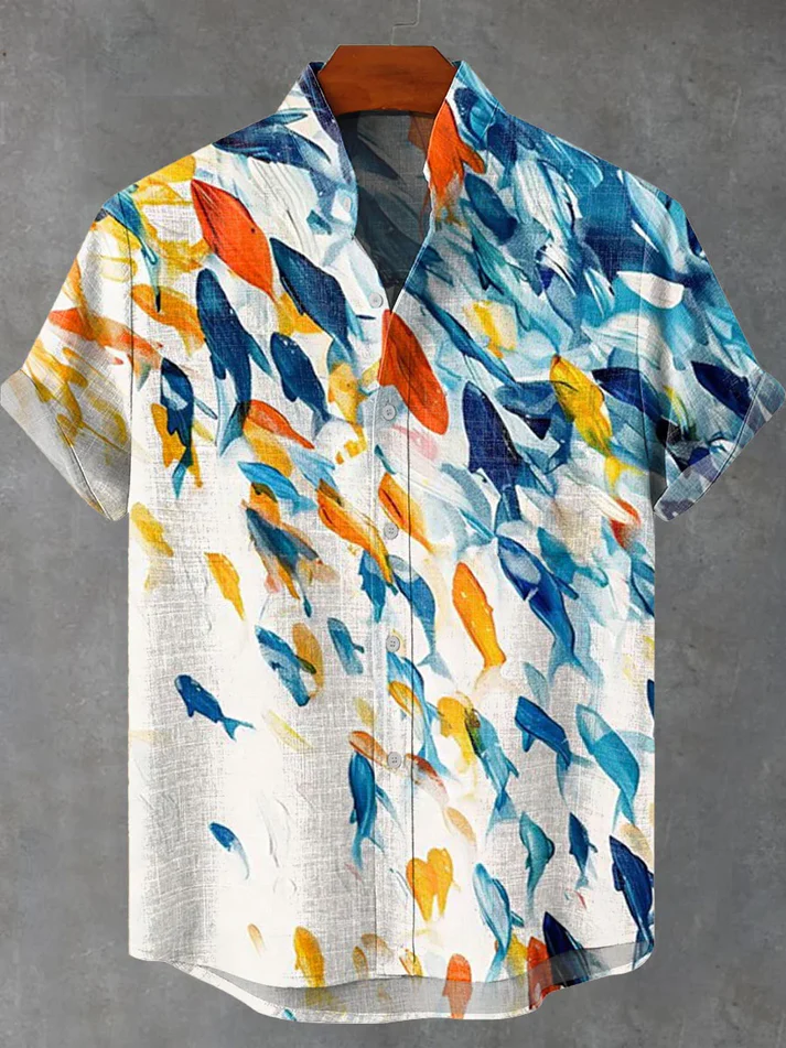 Blue Orange Abstract Fish Shoal Print Casual 100% Cotton Shirt