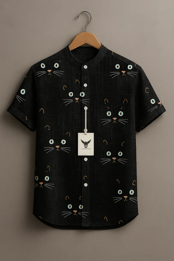 Black Cat Art Print Casual 100% Cotton Shirt