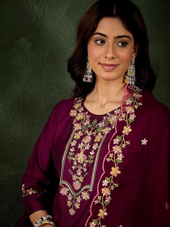 VredeVogel Women's Viscose Rayon Ethnic Wear Embroidered Kurta Pant Set with Organza Dupatta | Festive & Casual Summer Kurti with Pants for Party Office & Ethnic Occasions