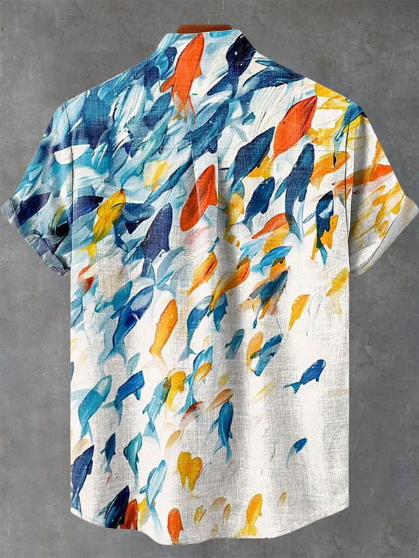 Blue Orange Abstract Fish Shoal Print Casual 100% Cotton Shirt