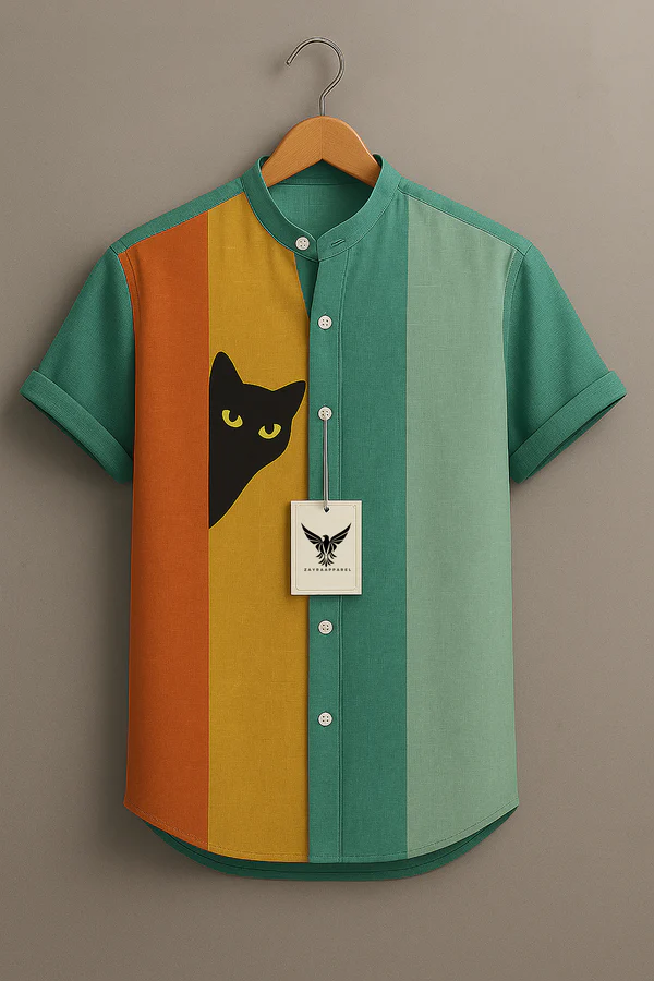 Cute Cat Print Casual 100% Cotton Shirt