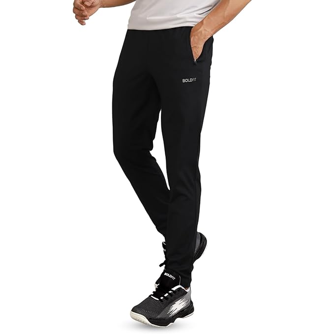 Boldfit Men's Black Slim Fit Track Pants - Yoga, Running, Workout & Training - Summer - Solid - Moisture-wicking, Breathable - Casual - PANTS