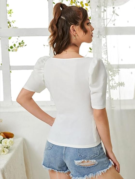 Dream Beauty Fashion Women's Sweet Heart Neck Balloon/Puff Bishop Sleeve Elegant Casual Tee Top, 23" inches (BZF-Top Mantos-01)
