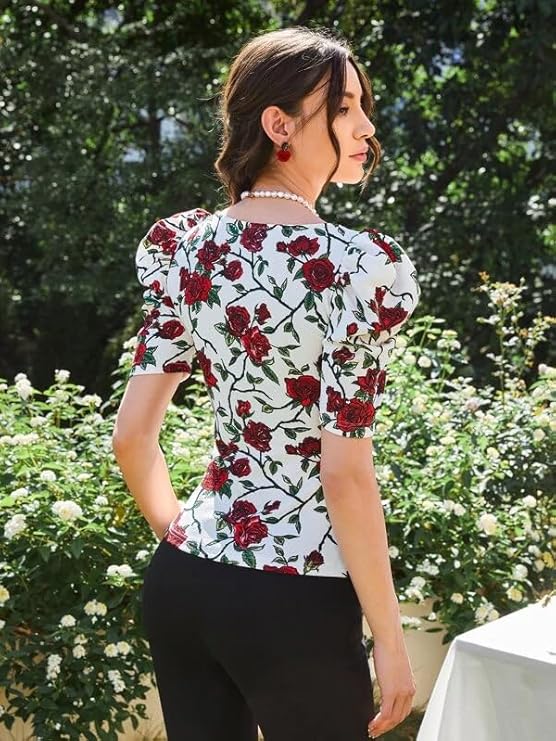 Dream Beauty Fashion Women's Sweet Heart Neck Balloon/Puff Bishop Sleeve Elegant Casual Tee Top, 23" inches (BZF-Top Mantos-01)