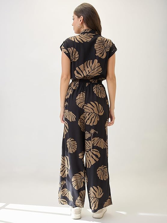 Globus Women Floral Print Collared Neck Extended Sleeves Tie Ups & Cut Out Details Flared Jumpsuit