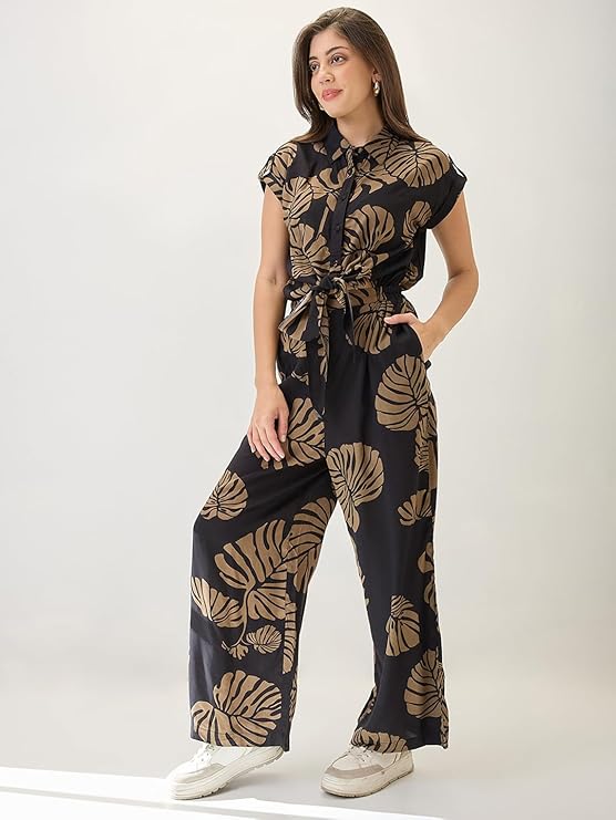 Globus Women Floral Print Collared Neck Extended Sleeves Tie Ups & Cut Out Details Flared Jumpsuit