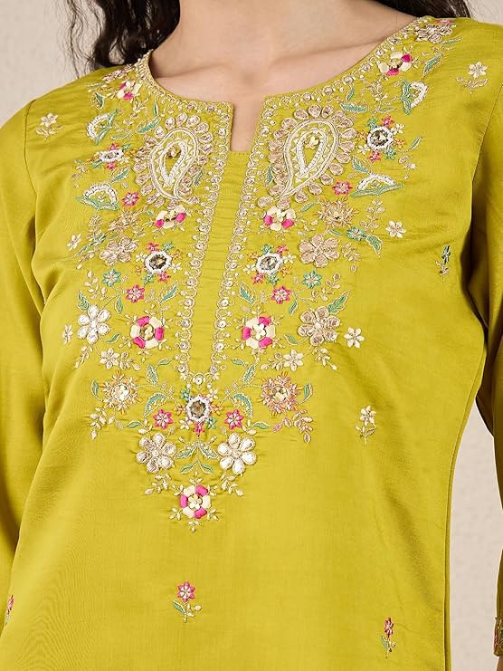 VredeVogel Women's Ethnic Wear Viscose Rayon Straight Kurta Pant Set with Organza Dupatta | Festive & Casual Summer Kurti with Pants for Party Office & Ethnic Occasions