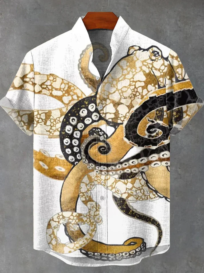 Vintage Fish Octopus Art Vintage Art Print Casual 100% Cotton Shirt