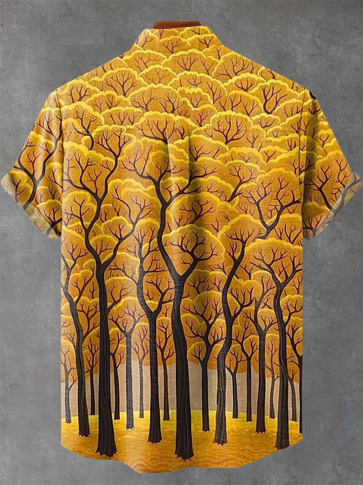 Vintage Abstract Tree Art Print Casual 100% Cotton Shirt