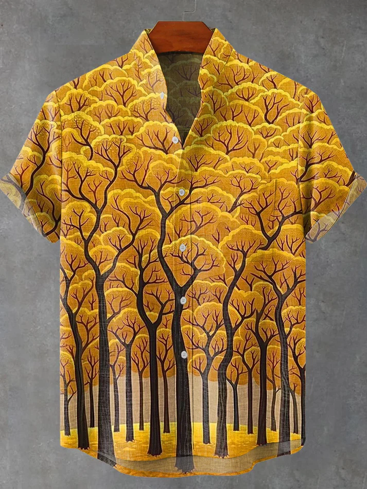 Vintage Abstract Tree Art Print Casual 100% Cotton Shirt