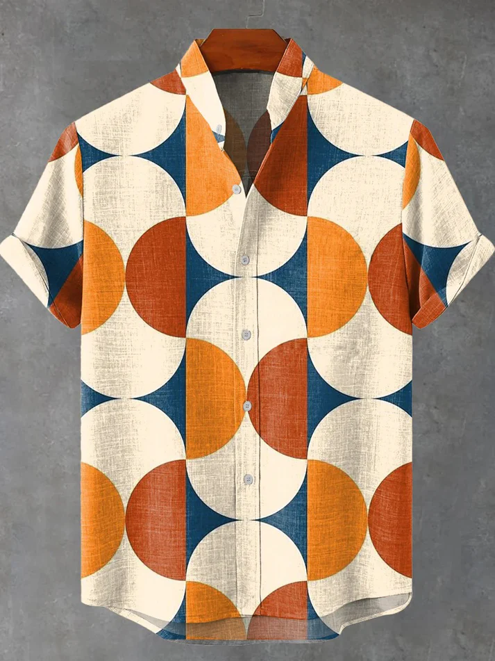 Retro Minimalist Color-block Symmetrical Geometry Print Casual 100% Cottton Shirt
