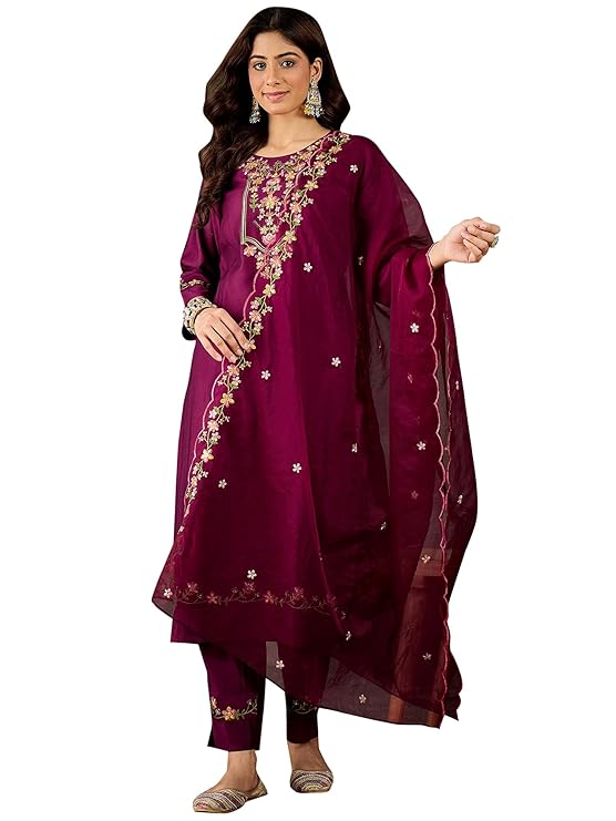 VredeVogel Women's Viscose Rayon Ethnic Wear Embroidered Kurta Pant Set with Organza Dupatta | Festive & Casual Summer Kurti with Pants for Party Office & Ethnic Occasions