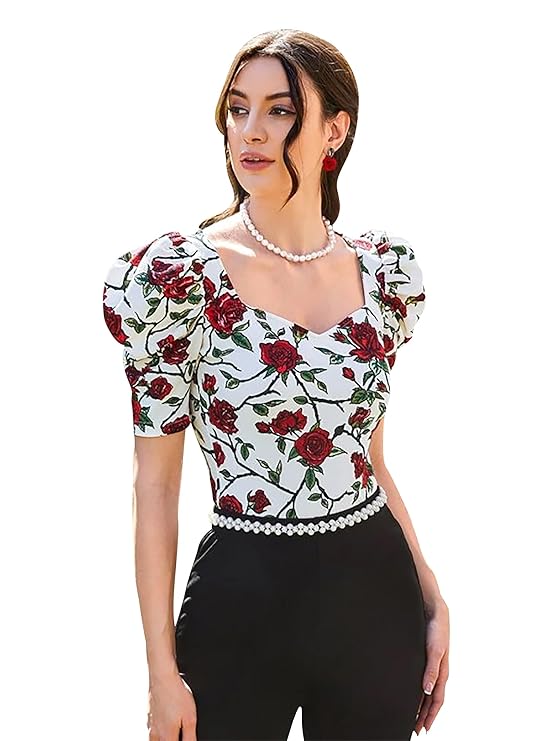 Dream Beauty Fashion Women's Sweet Heart Neck Balloon/Puff Bishop Sleeve Elegant Casual Tee Top, 23" inches (BZF-Top Mantos-01)