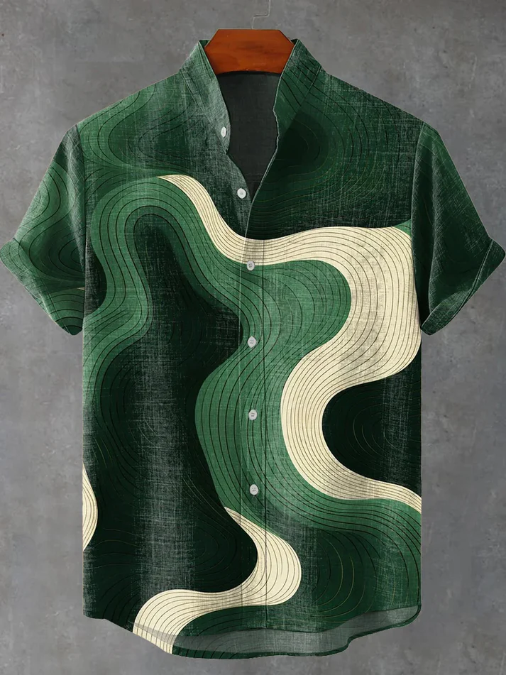 Abstract Green Geometric Stripes Vintage Print Casual 100% Cotton Shirt