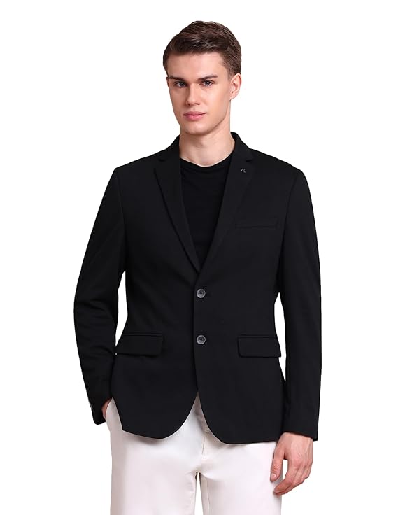 Arrow Men's Solid Full Sleeves Regular Fit Notch Lapel Collar Polyester Blazer Black