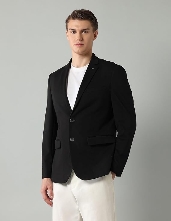 Arrow Men's Solid Full Sleeves Regular Fit Notch Lapel Collar Polyester Blazer Black