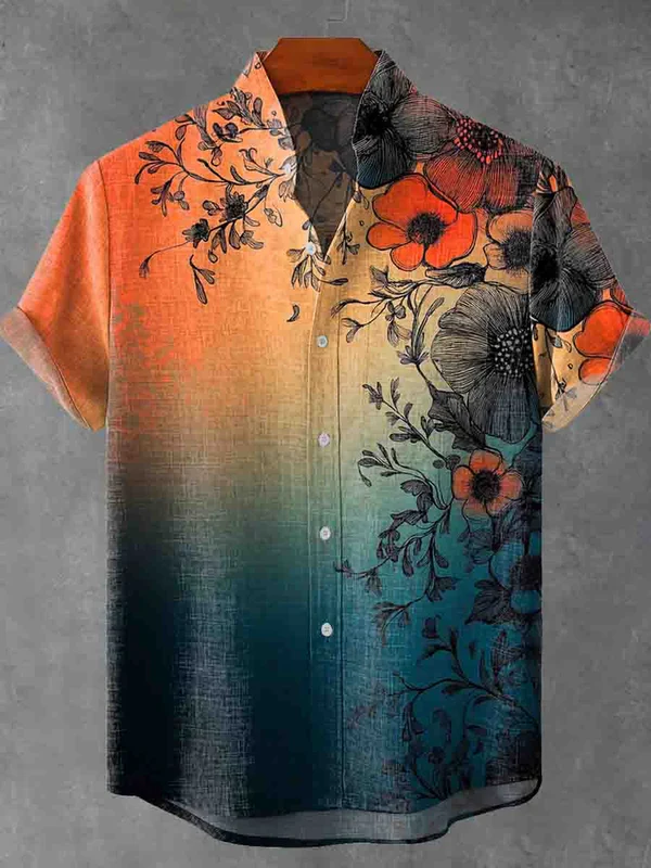 Retro Dawn Gradient Broken Flowers Art Print Casual 100% Cotton Shirt