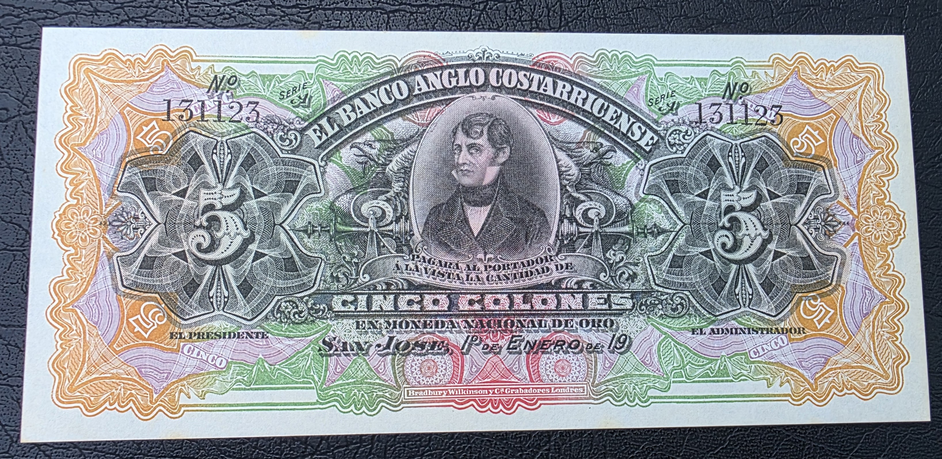 Costa Rica – 5 Colones – Pick PS122r – 1903–1917 -  Pair of Consecutive Remainder Notes.