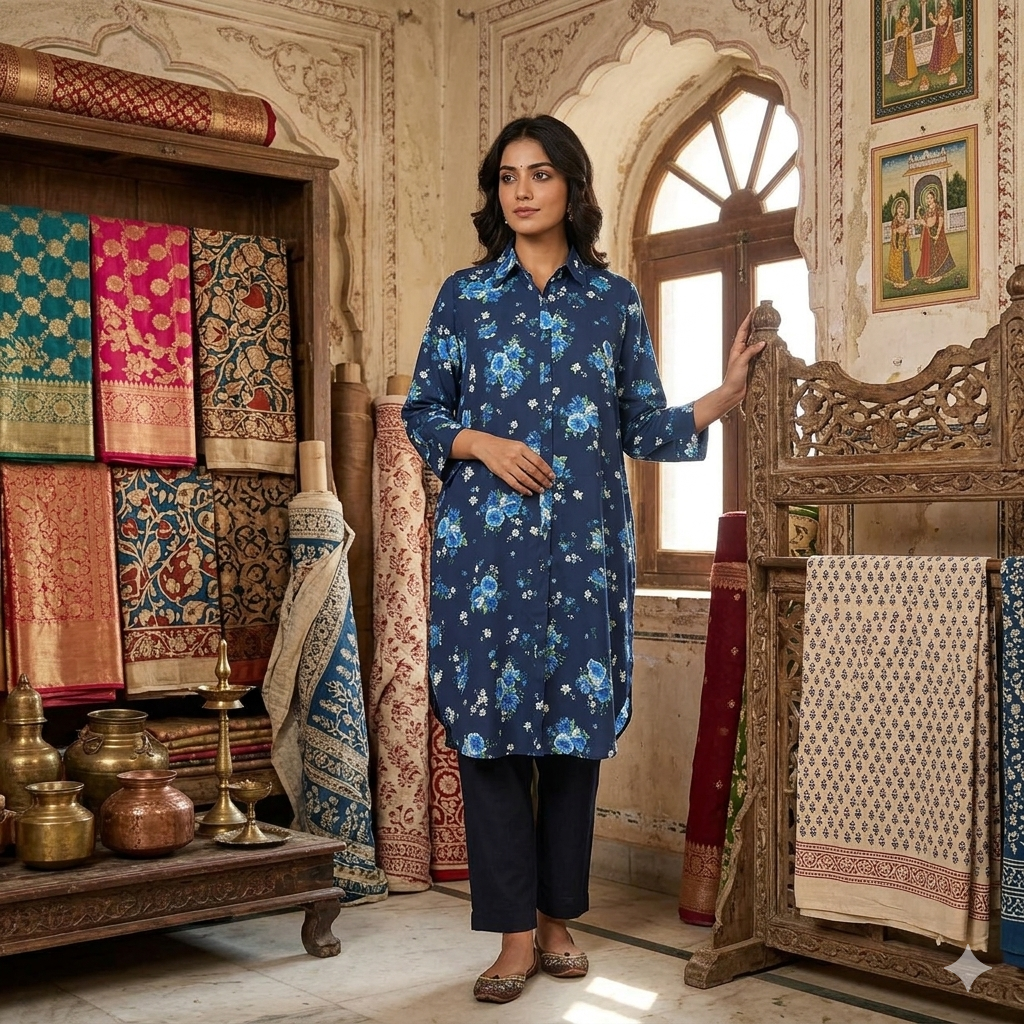 Blue Floral Printed Crepe set