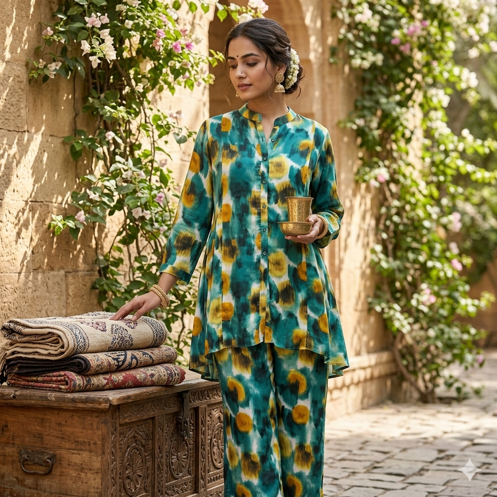 Printed Satin silk Kurti Set