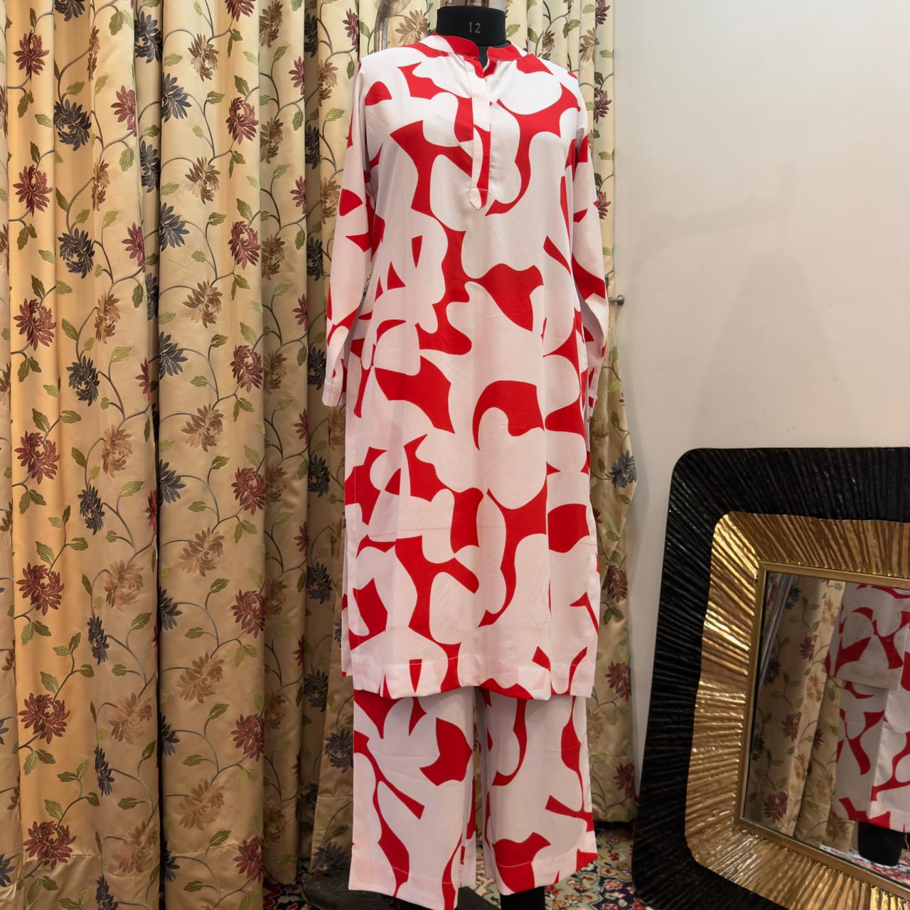 Red & White Abstract Printed Crepe set
