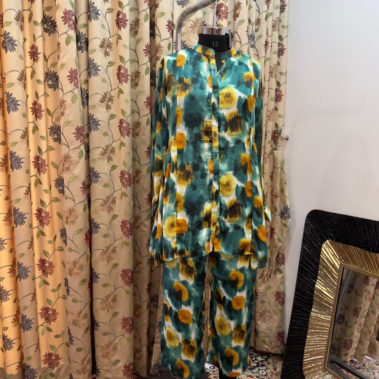 Printed Satin silk Kurti Set