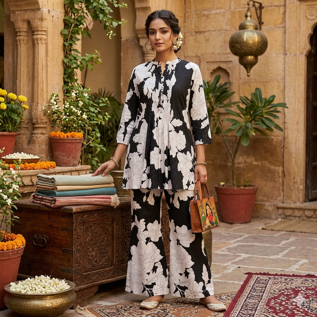 Black & White Floral Printed Crepe set