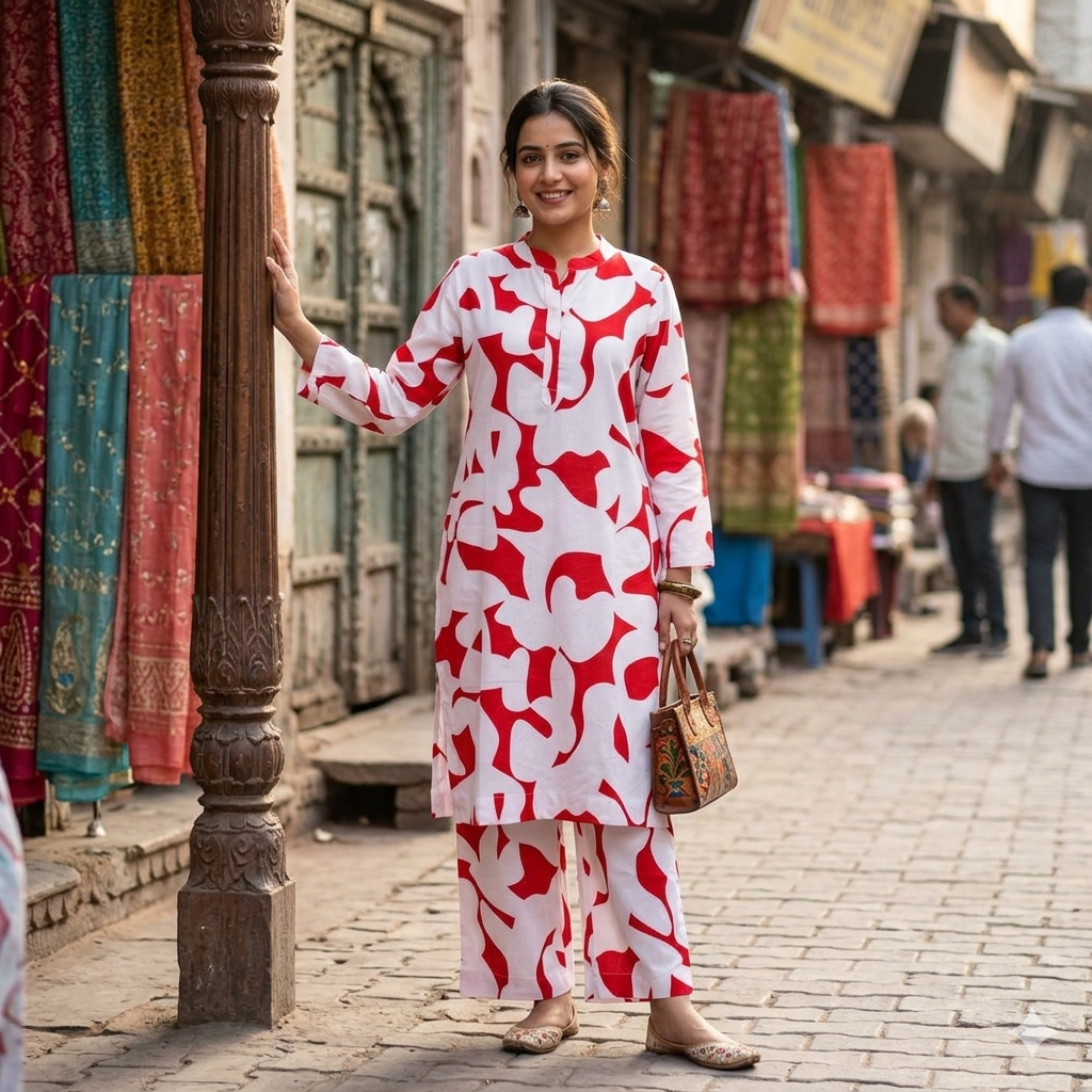 Red & White Abstract Printed Crepe set