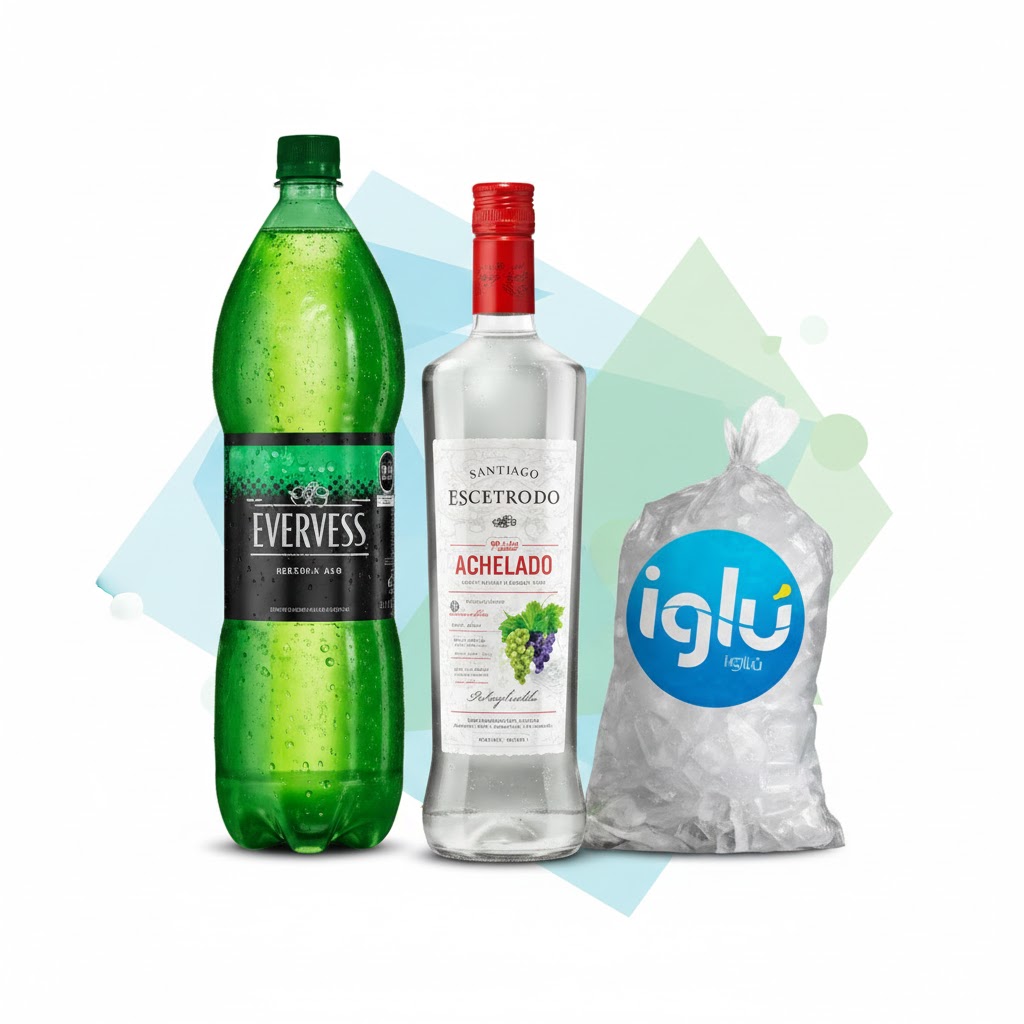 Pack 1 (Pisco Acholado Santiago Queirolo 750ml + Bebida Carbonatada Evervess 1.5Lt + Hielo)